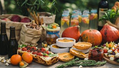 picnic, mandarin, paperbag, pumpkin, rosemary, popcorn, physalis, pie, apples, lemonade, tomatoes, salad, bottle