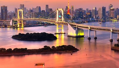 bridge, megapolis, tower, japan, column, island, ship, tokyo, buoy
