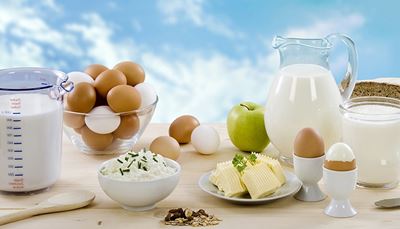 latticini, formaggio, lattiera, latte, scala, müsli, mela, uova, burro, pane