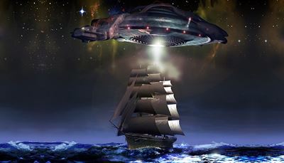 segel, bortförande, skepp, rymdfarkost, stjärna, ljus, natt, mast, hav
