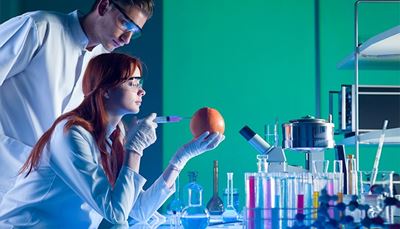 lab, glasskolbe, reagensrør, mikroskop, injeksjon, sprøyte, forsker, grapefrukt