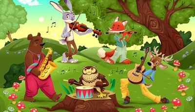 kapela, kopec, muchotrávka, líška, zajac, gitara, flauta, saxofón, bubon, noty, sova, medveď, husle, jeleň, peň
