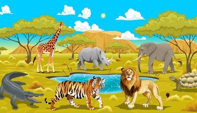 krokotiili, sarvikuono, norsu, kilpikonnat, petoeläin, tiikeri, kirahvi, syöksyhammas, harja, lampi, savanni, leijona