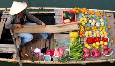 piață, pălărie, covordepaie, alimente, fructe, pitaya, mandarin, banane, bambus, ananas, pepene