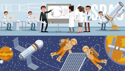 astronaute, laboratoire, scientifique, télescope, panneau, combinaison, espace, planète, satellite, lettre, fusée