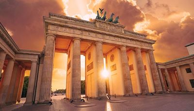 berlin, németország, napnyugta, sas, építészet, oszlop, felhős, kapu, ló