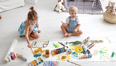 hračka, kreativita, podlaha, deti, sestra, kladivkovýpapier, maľba, štetec, akvarel, brat