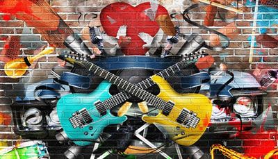 gitarr, tegelstenar, framlykta, saxofon, maracas, hjärta, trumma, band, mikrofon, duva