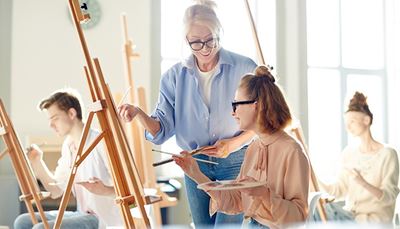 topknot, students, blouse, painting, glasses, teacher, paints, lesson, forelock, easel