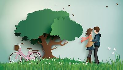 прегръдка, велосипед, пеперуда, двойка, дърво, корона, трева, любов, поле, вятър, шал