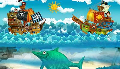 ichtyosaurus, schip, kraaiennest, boegspriet, piraten, monster, zee, veldslag, kanon, golven, zon, vlag