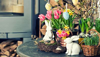 hnízdo, velikonoce, sněženka, králík, tulipán, narcis, dříví, krb, stůl, vejce, větve