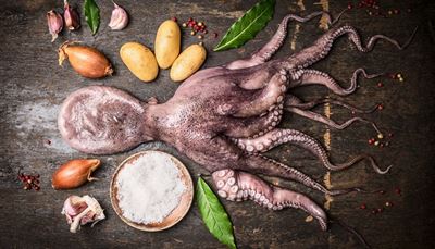 cap, caracatiță, boabedepiper, ventuză, usturoi, tentacul, cartof, frunze, ceapă, cățel