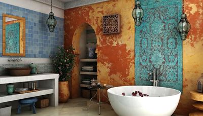 marokko, bogen, waschbecken, badewanne, nische, laterne, lampe, verputz, spiegel, fliese