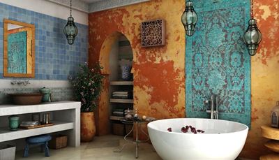 lamp, bathroom, lantern, stucco, tile, bath, mirror, arch, niche, sink