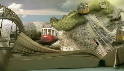 szyny, horyzont, książka, osoba, chmura, tramwaj, strony, most, łąka, bruk