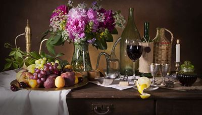 vaza, mrtvapriroda, marelica, vino, trešnja, buket, bokal, polet, prorez, božur, grožđe