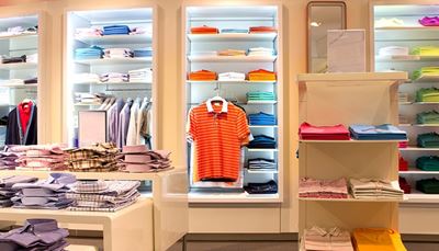 polo, overhemd, kleding, oranje, boetiek, stapel, spiegel, plank, hanger