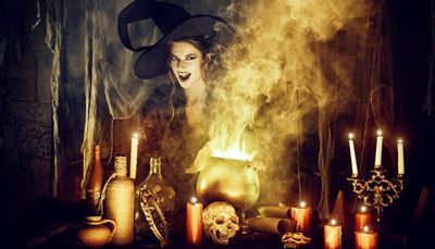 fum, femeiefrumoasă, flacără, sfeșnic, lumânare, vrăjitoare, pălărie, cazan, craniu, sul