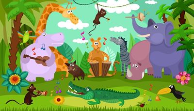 zvonek, nosorožec, slon, liána, opice, hroch, krokodýl, papoušek, divočák, beruška, zebra, tukan