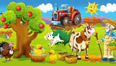 saulė, piemenslazdelė, automobilis, tešmuo, tvora, kalakutas, ūkininkas, debesis, ančiukas, ožkiena, obelis, karvė