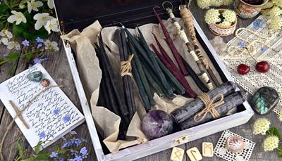 amethyst, forgetmenots, cherry, meadowsweet, candles, flower, paper, runes, lace, pearls