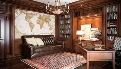 koberec, kancelária, pohovka, afrika, dvere, luster, mapa, glóbus, stôl