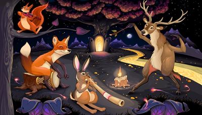 veverička, koruna, líška, bubon, dirigent, rohy, chvost, mesiac, husle, jeleň, zajac, noc