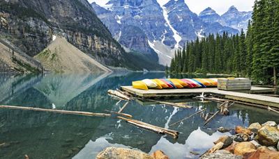 kayak, ponte-cais, pedra, natureza, toro, floresta, abeto, reflexão, lago, neve, caixa, montanha