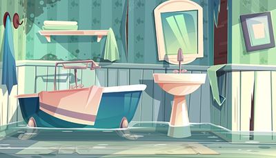 kupaonica, pukotina, tušslušalica, sudopera, polica, poplava, zrcalo, kada, slavina, tapete, ručnik, vlaga