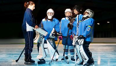 hokejka, chrániče, tři, brusle, záměr, souprava, trenér, tým, sport, helma, led