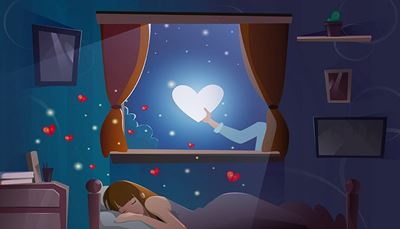 fönsterbänk, beundrare, nattduksbord, gardin, sovrum, kärlek, sken, hjärta, dröm, säng, natt