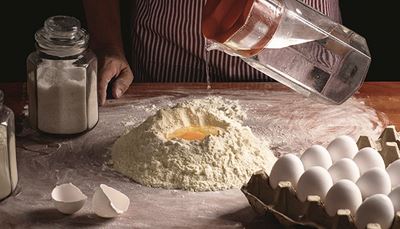 flour, cooking, carafe, waterjet, water, apron, eggshell, eggtray, jar, eggs