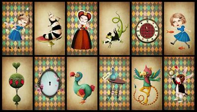 dodo, rødfluesopp, trylledrikk, nøkkelhull, kanin, livkjole, dronning, gullfisk, alice, firfisle, griff, åme, spar