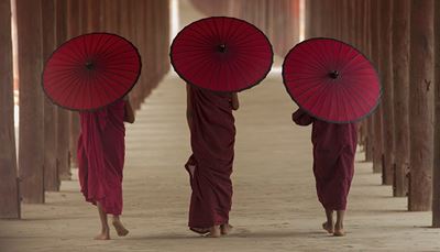 three, religion, monk, umbrella, scarlet, pole, path, foot