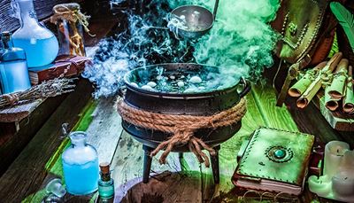 boiling, book, glasses, scroll, potion, caldron, witchcraft, ladle, flask, feather, cork, rope, wax, bag
