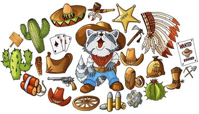 sheriff, holster, dynamite, tomahawk, pick, revolver, ace, raccoon, dollar, patch, saddle, shovel, cactus, bullet, spurs