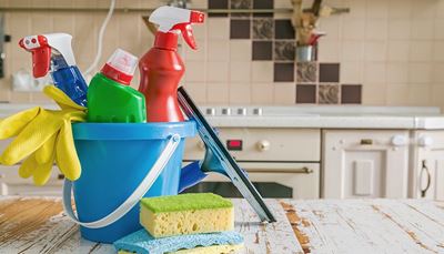 kitchen, cleaning, tile, detergent, sponge, bucket, sprayer, squeegee, gloves, oven
