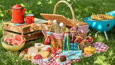 picnic, cannuccia, bacche, cono, baguette, gelato, scatola, griglia, anguria, formaggio, cesto, mais, erba