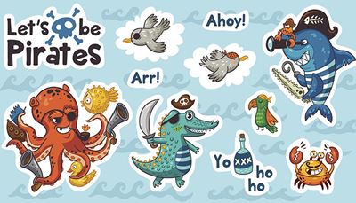 egelvis, verrekijker, jollyroger, papegaai, apostrof, geweer, sabel, krab, octopus, piraat, krokodil, haak, haai