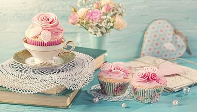 platillo, perla, cupcake, libro, cartas, corazón, rosa, ramo