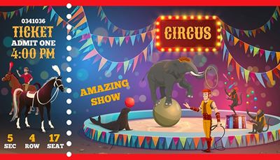 cirque, voltigeéquestre, éléphant, jonglage, cravache, dresseur, fanions, billet, cheval, arène, otarie, boule