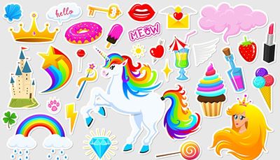 crown, icecream, cocktail, lipstick, lollipop, lips, rain, hooves, diamond, clover, letter, unicorn, donut, castle, rainbow