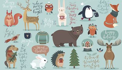 pingvin, pulover, božjedrevesce, mrežastišal, snežnakrogla, darilo, sova, veverica, medved, lisica, jelka, konj, jež, los
