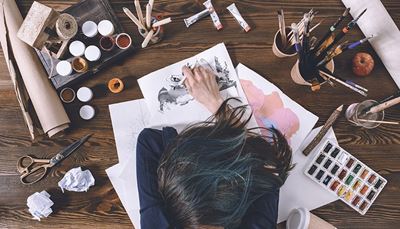 kreativnost, kosa, tkanipapir, umjetnik, škare, jabuka, pvcčaša, crtež, akvarel, četka