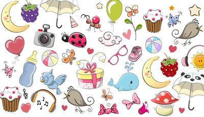 bold, brombær, hindbær, hovedtelefoner, mariehøne, paraply, hval, sløjfe, halvmåne, panda, myre, sky, muffin, fugl