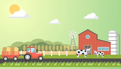 štala, siloszažitarice, prikolica, sijeno, pšenica, tele, oblak, traktor, krava, farma