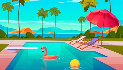 flamingas, gultas, tramplinas, laiptinė, skėtis, palmės, kaklas, jūra, baseinas, vanduo