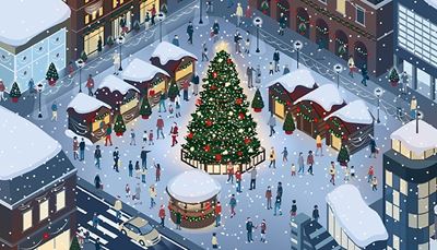 δεντρο, χριστουγεννα, αγιοσβασιλησ, χιονοπτωση, ανθρωποι, αγορα, διαβαση, κιοσκι, γιρλαντα, πλαζα