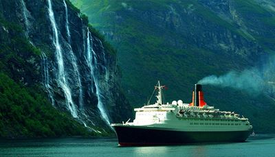 fjord, füst, hajótest, óceánjáró, kémény, far, vízesés